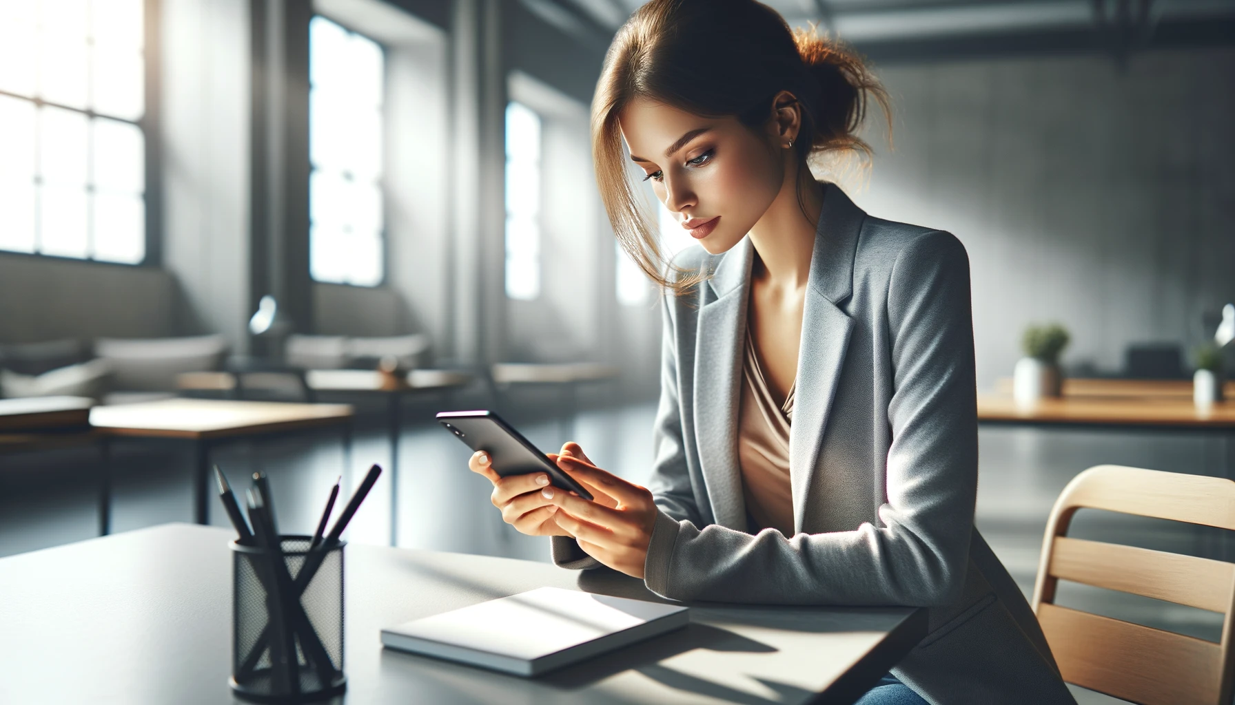 a young woman sitting at a modern, minimalist workspace, deeply focused on her smartphone